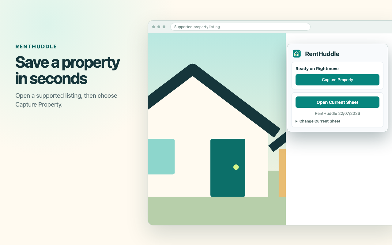 RentHuddle Capture Property button open over a supported rental listing