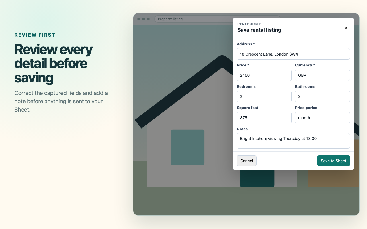 RentHuddle review form showing an address, monthly rent, bedrooms, bathrooms and Save to Sheet button